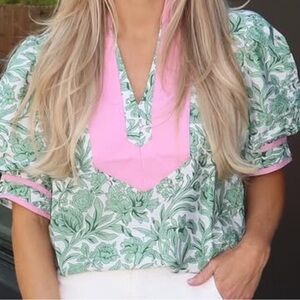 Entro Green and Pink Floral Blouse